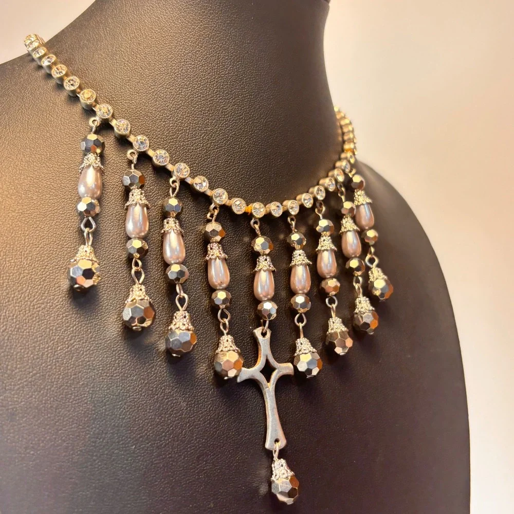 Vintage Cross Fringe Necklace Silver Pearl Rhinestone Goth Whimsygoth Statement